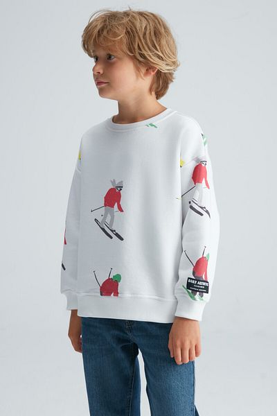 GRIMELANGE Trendon Boy's 3 Thread Raised Inside Print Λεπτομερές λευκό φούτερ με στρογγυλή λαιμόκοψη