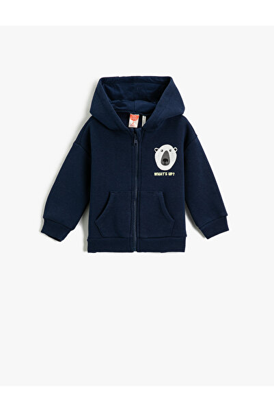 Koton Hooded Zipper Cardigan Polar Bear Printed Applique Detailed