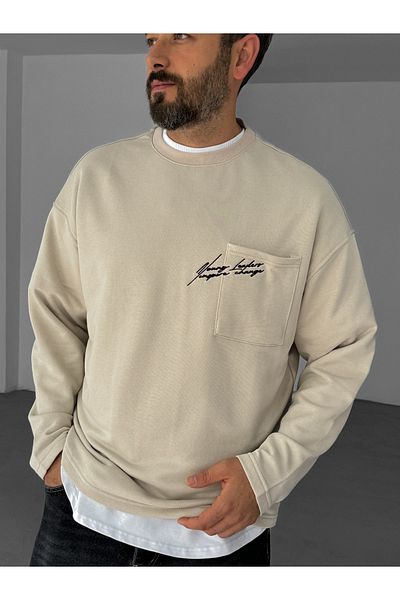 BYBASICMAN Beige Pocket Text Embroidered Sweatshirt V-10-30