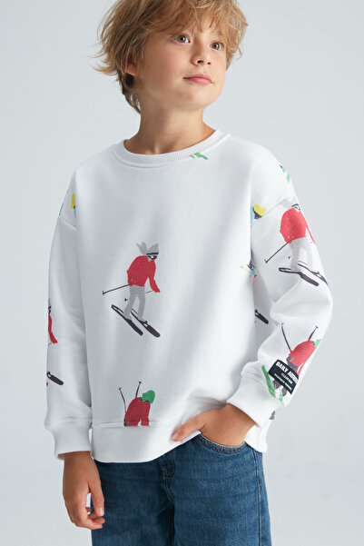 GRIMELANGE Trendon Boy's 3 Thread Raised Inside Print Λεπτομερές λευκό φούτερ με στρογγυλή λαιμόκοψη