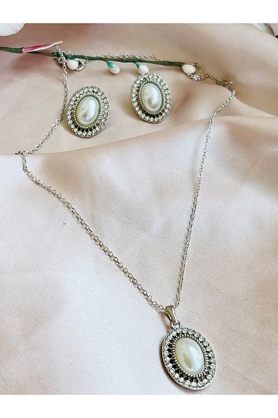 COCOSH TAKI Silver Color Pearl Detailed Multiple Necklace Earrings Set