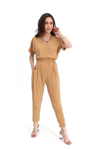 VAPUR TEKSTİL Jumpsuit with Elastic Waist and Low-cut Back V-Neck - Mink