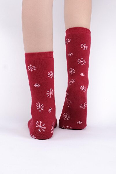 Aytuğ Aytuğ Women's Cotton Single Dark Red New Year's Themed Socks a 49003 Kk