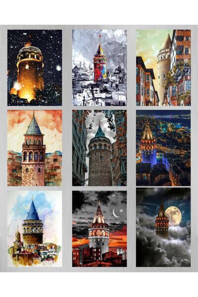 hediyeniburadabul 9 Piece Galata Tower Design Wooden Painting Set