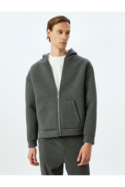 Koton Viscose Blend Basic Zippered Hooded Sweatshirt with Pocket Detail