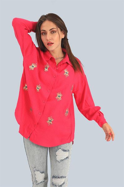 VAPUR TEKSTİL Cămașă de in fucsia - Brodat cu ochi