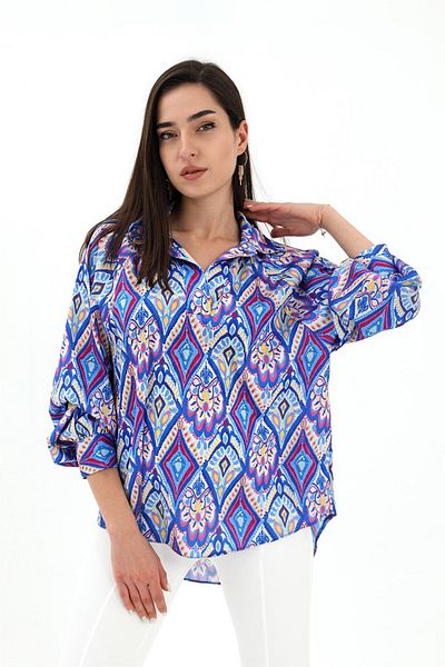 VAPUR Cămașă cu mâneci raglan din satin albastru - imprimată