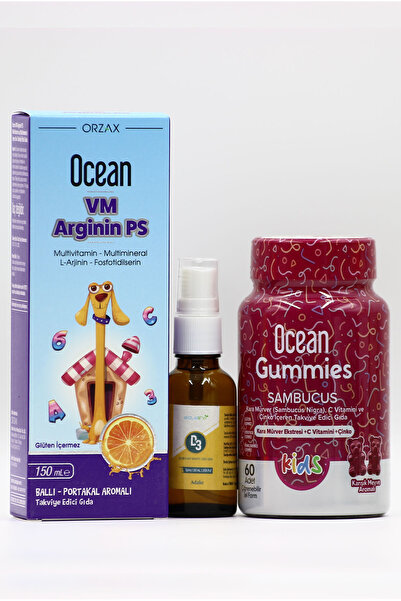 Ocean VM Arginin PS, D3 Sprey ve Gummies Sambucus - Çocuklar İçin Vit Paketi