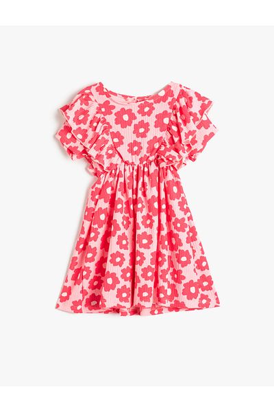 Koton Floral Dress Ruffle Sleeve Textured Round Neck
