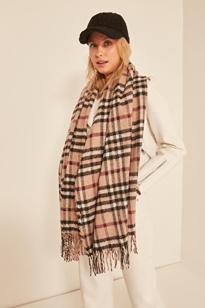 BALIENTE 13800 Μαλακή υφή φούντα καμήλα-μπορντό Χοντρό σάλι ώμου