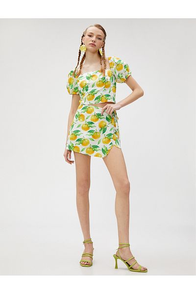 Koton Cotton Crop Blouse - Fruit Print, Short Balloon Sleeve, Square Collar