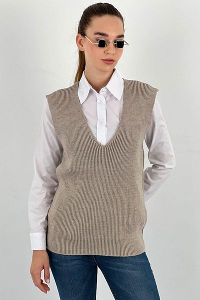 Miss Poem Women's V-Neck Sleeveless Strap Hijab Winter Stone Knitwear Sweater