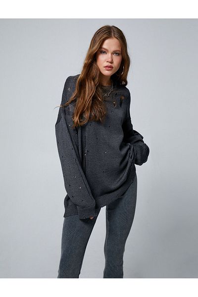 Koton Knitwear Sweater Long Sleeve With Holes Ripped Detail Low Shoulder Crew Neck