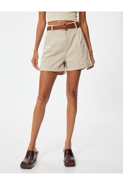 Koton Mini Şort Yüksek Bel Kemerli Cep Detaylı Pamuklu Rahat Kesim