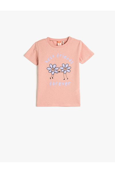 Koton Daisy Printed Cotton Short Sleeve T-Shirt - Round Neck
