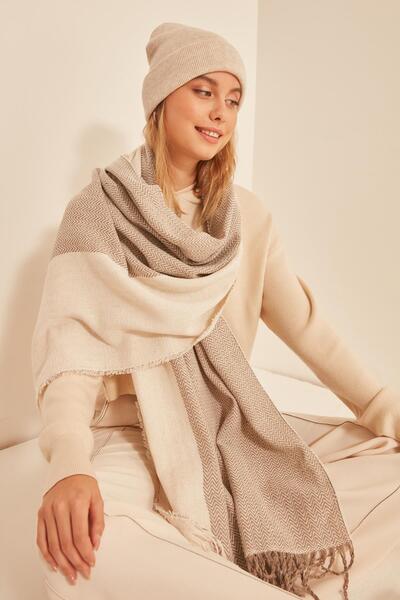 MARBERRY 13804 Soft Textured Herringbone Patterned Ecru-Mink Thick Shawl