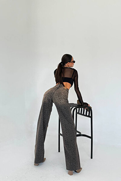 Gallogi Leopar Baskılı Straight Kahverengi Kadın Jean