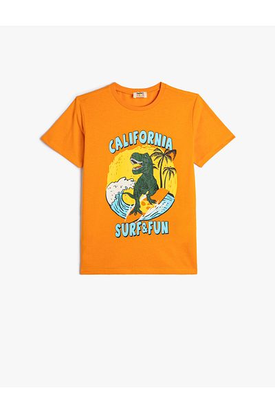 Koton Cotton Short Sleeve Dinosaur T-Shirt - Crew Neck