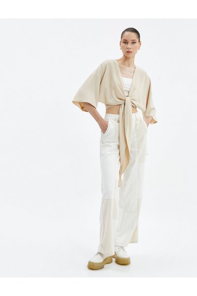 Koton Crop Kimono Oversize Short Wide Sleeve Double Breasted Front Tie