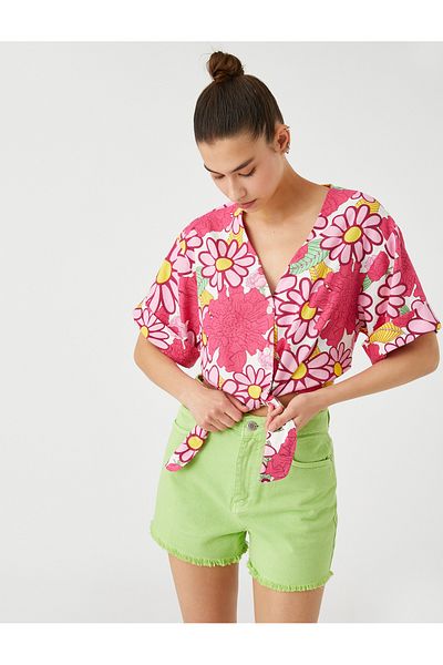 Koton Floral πουκάμισο γραβάτα μπροστινό λινό Viscose Blend