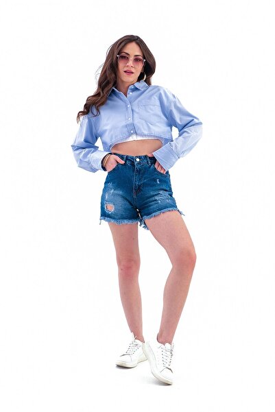 VAPUR TEKSTİL Blue Poplin Short Shirt - Elastic Hem