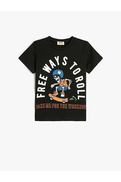 Koton Tricou cu mânecă scurtă imprimat cu craniu, bumbac, cu decolteu
