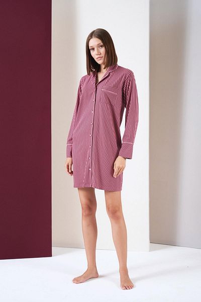PJS Cămașă de noapte cu mânecă lungă în dungi Dusty Rose-Bordeaux pentru femei
