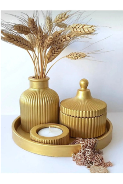 ndukkan Mini Altın Rengi Vazo, Yuvarlak Tepsi Ve Şık Bir Kapaklı Kutu Içeren ...