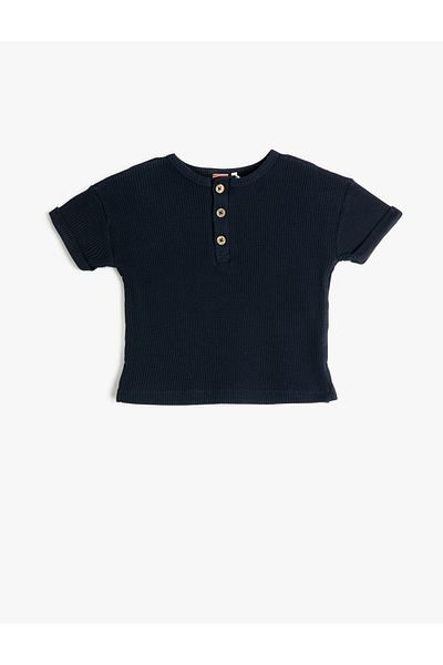 Koton T-Shirt Button Detailed Short Sleeve Crew Neck Ribbed Cotton