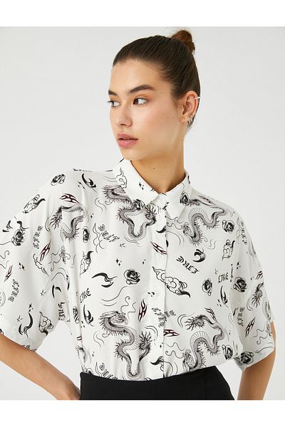 Koton Short Sleeve Shirt Crop Viscose Printed Classic Collar Relaxed Cut