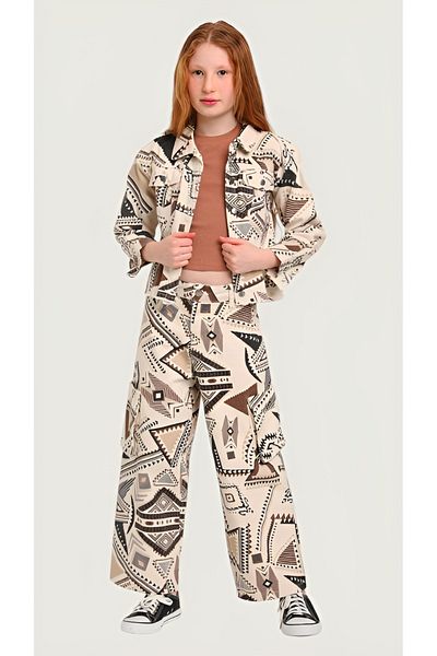 Escabel Çaren Kids - Ethnic Pattern Pocket Detailed Wide Leg Girls' Trousers