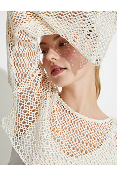 Koton Crop Mesh Yoga T-Shirt Long Wide Sleeves Boat Neck Cotton