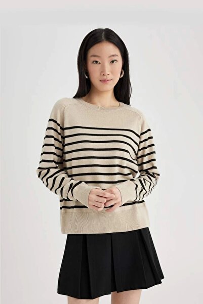 DeFacto Z1317 Pulover cu dungi cu decolteu rotund, cu potrivire normală