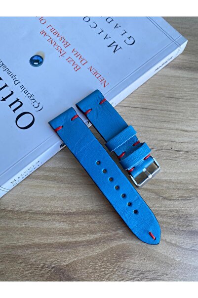 Prizma El Dikişi Açık Mavi Gerçek Deri Saat Kordonu. Hakiki Deri. 20,22,24,26mm.