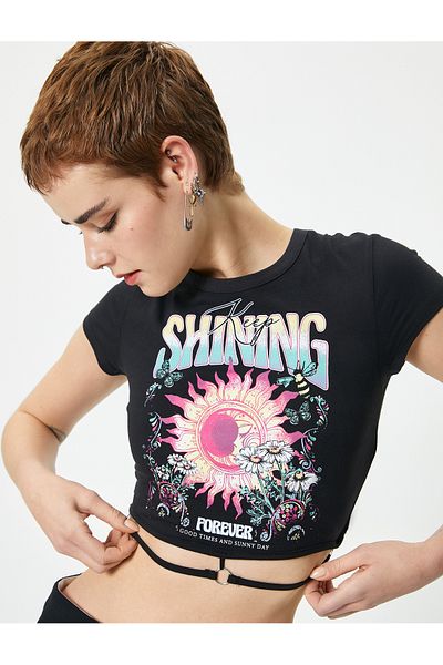 Koton Crop Printed T-Shirt with Tie Detail Short Sleeve Crew Neck Cotton