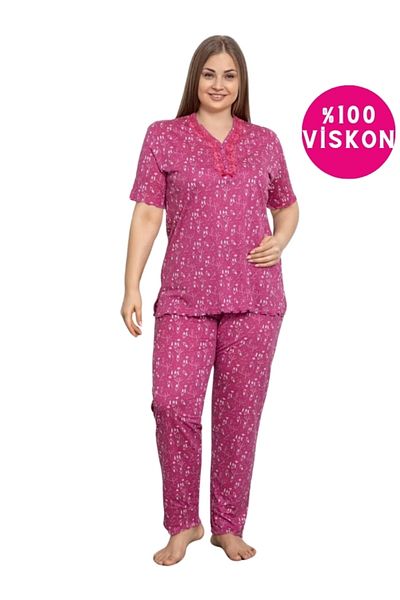 bie's Pink V Lace Detail Collar Large Oversize Bamboo Pocket Plus Size Pajama Set
