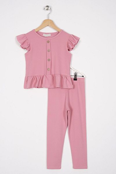 zepkids Σετ κοριτσίστικο καλσόν Dusty Rose Color με βολάν μανίκια και αξεσουάρ με κουμπιά στο μπροστινό μέρος