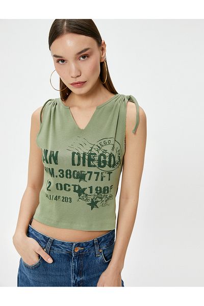 Koton Printed V-Neck Athlete Shoulder Tie Detailed Gathered Cotton