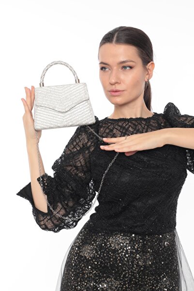 womenacs Νέας σεζόν Κομψό γυναικείο βραδινό φόρεμα - Mother of Pearl Χρώμα, Pearl Stone, Chain Strap, Full Stone Portfolio Clutch Bag