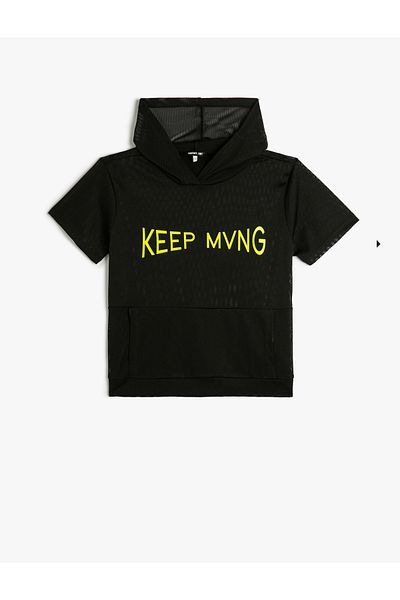 Koton Kapuzen-Mesh-T-Shirt Sport Kurzarm Kängurutasche bedruckt