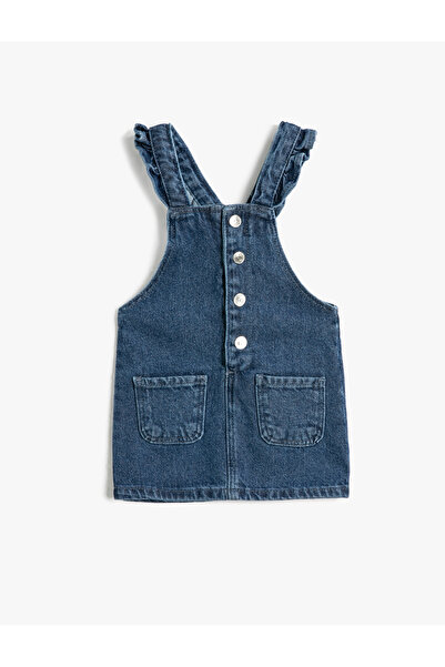 Koton Дънкова рокля-гащеризон с копчета и волани, памучна