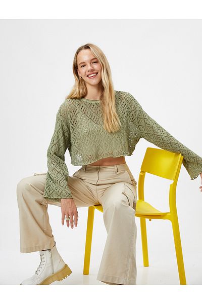 Koton Long Sleeve T-Shirt Crop Openwork Relaxed Cut Crew Neck