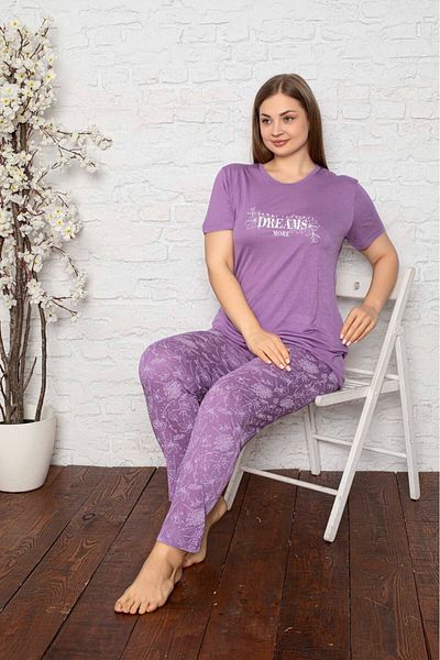 bie's Lilac Floral Buttonless Round Neck Large Oversize Viscose Large Size Pajama Set with Pockets