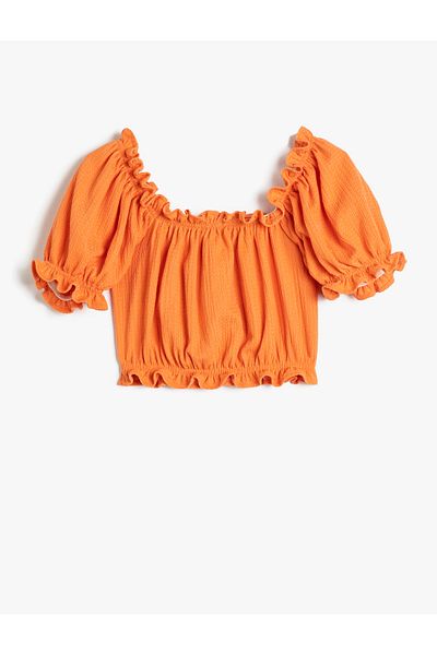 Koton Crop Blouse Ruffled Embroidered Gathered Front Short Sleeve
