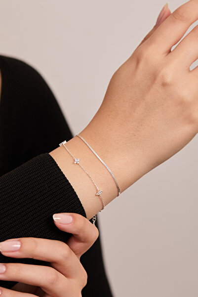 Elika Silver 925 Ayar Gümüş Zarif Beyaz Zirkon Taşlı İkili Bileklik Set