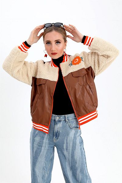 VAPUR Tan Plush Jacket Coat - Leather with Elastic Waist and Embroidery