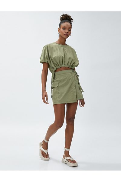 Koton Crop Blouse with Tie Waist Detail, Balloon Sleeves, Crew Neck