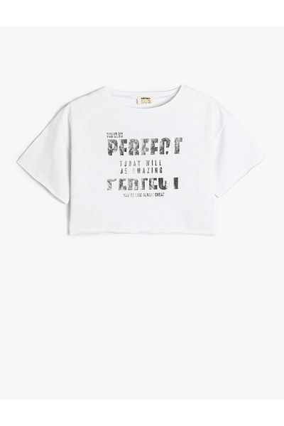 Koton Crop T-Shirt Slogan εμπριμέ με κοντό μανίκι Crew λαιμόκοψη από βαμβάκι