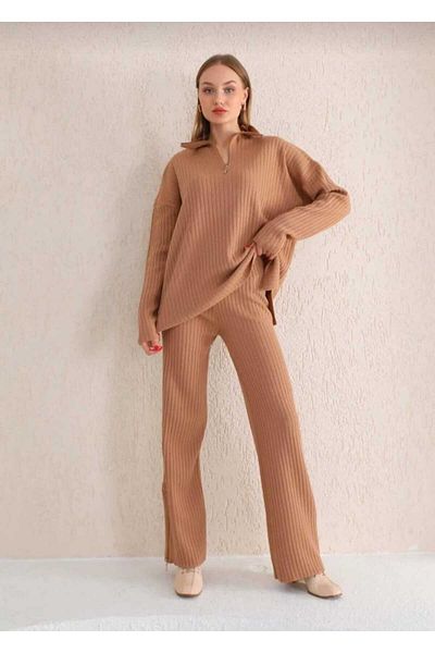 BlueTex Women's Ribbed Collar Zippered Leg Zippered Side Slit Knitwear Set