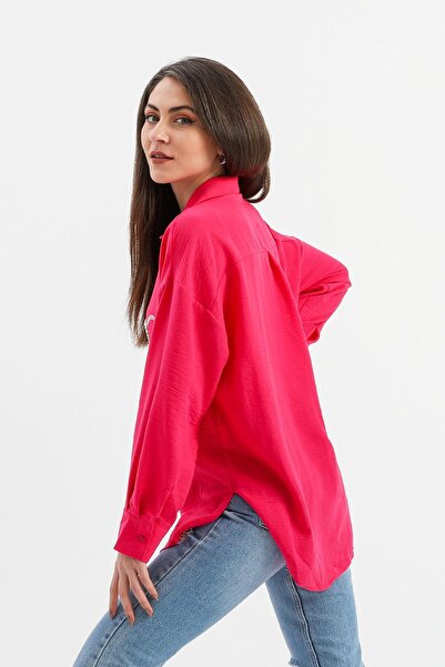 VAPUR TEKSTİL Φούξια Λινό Πουκάμισο - Πέτρα Λεπτομερής Καρδιά Κεντημένη